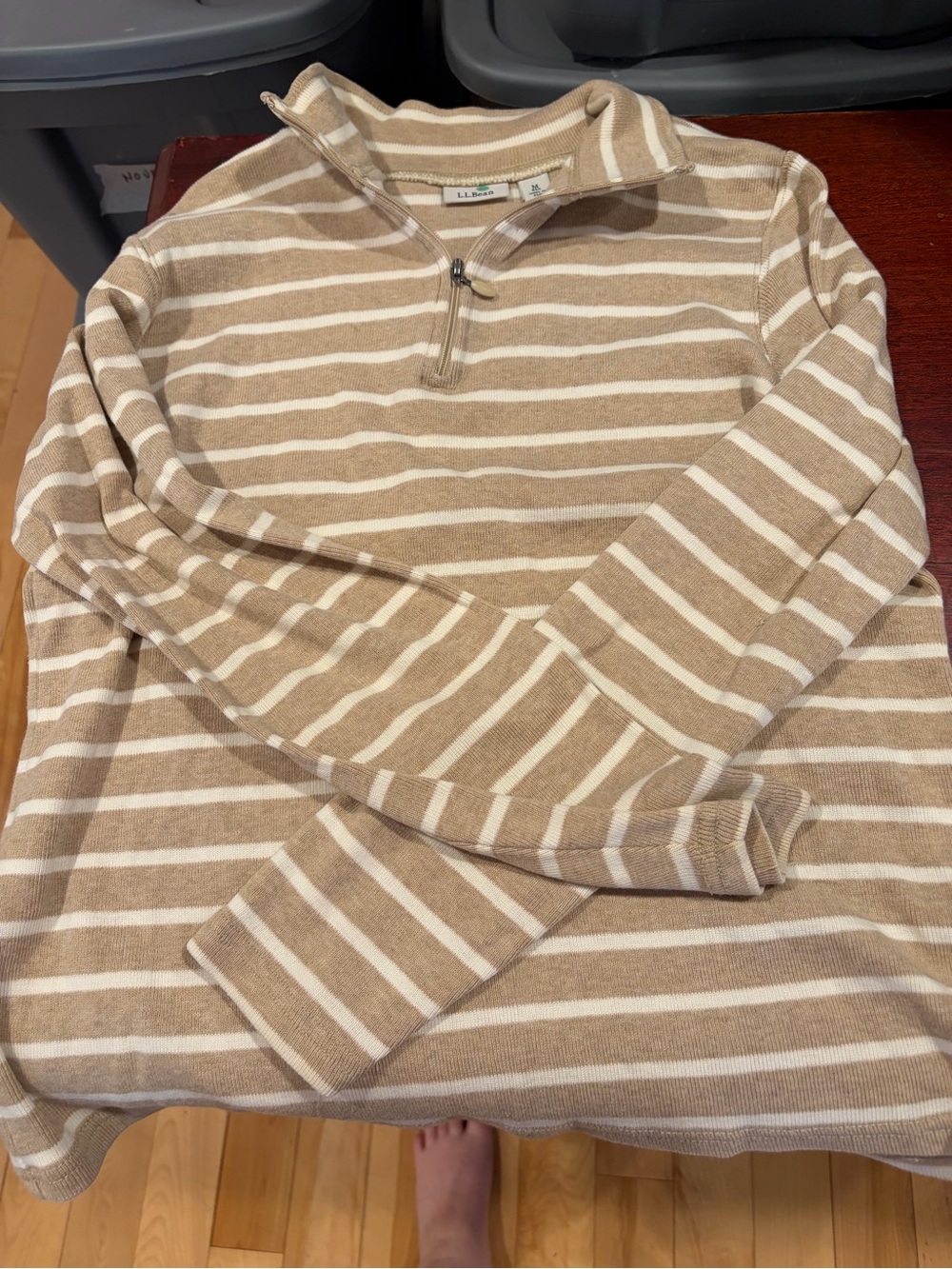 L.L.Bean Beige and White Striped Half-Zip Pullover Sweater